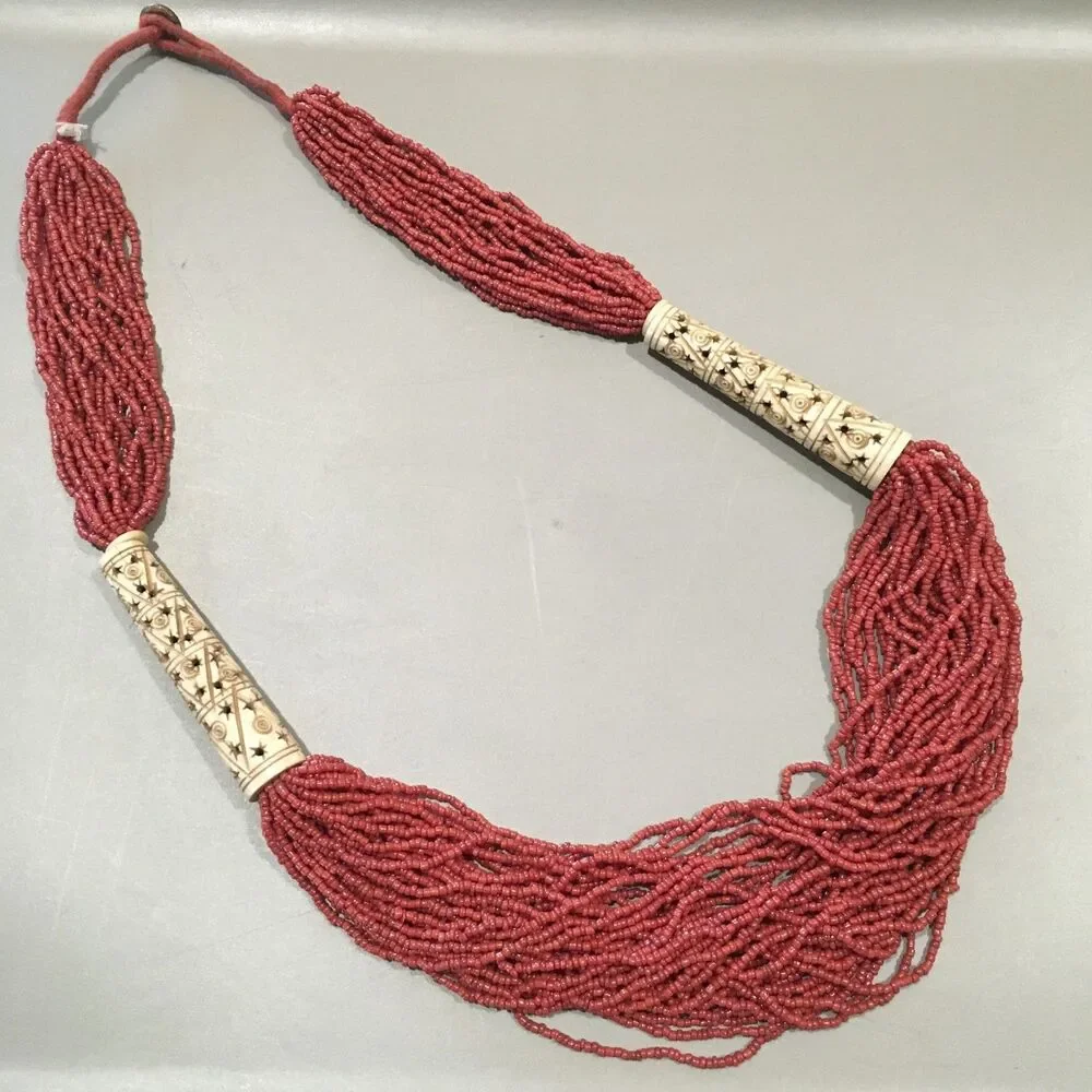 Vtg Coral Color Necklace Multi Strand Seed Beads Tubular Chunky Tribal 20”